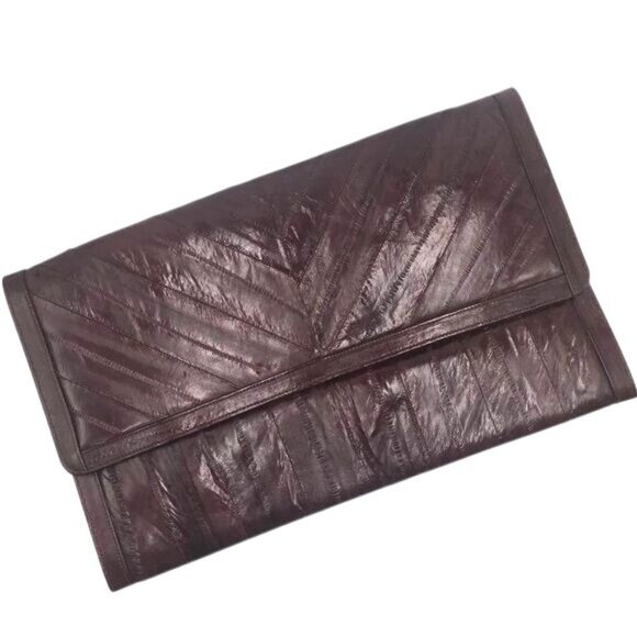 Vintage Sophisticated Exotic EEL SKIN Classic Fold-over Clutch - Brown Timeless - Picture 2 of 10
